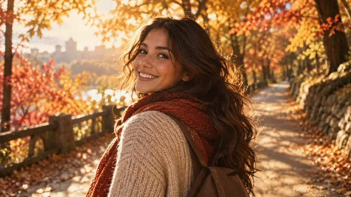A smiling woman on a sunlit autumn path, framed as a warm cinematic video still.